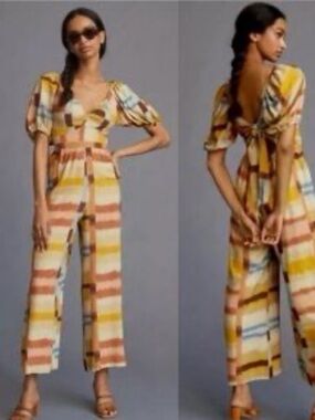 Anthropologie Ranna Gill Wide Leg Boho Bow Tie Jumpsuit Size Medium